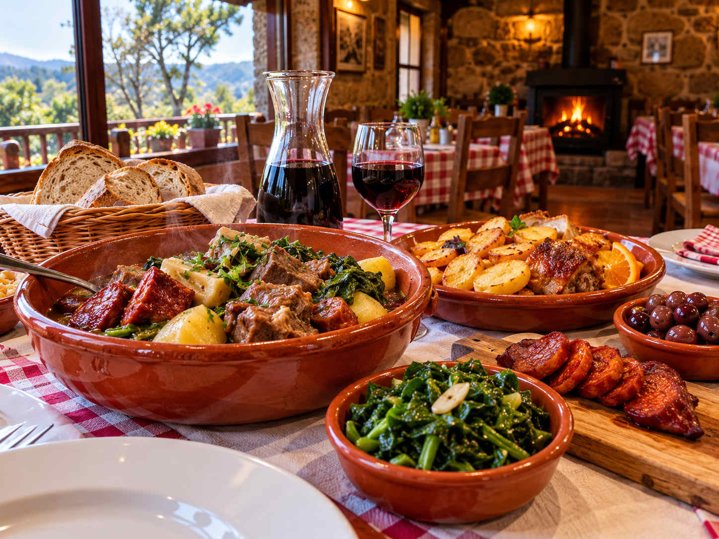 Mesa de gastronomia regional do Minho e Gerês, com pratos tradicionais num ambiente acolhedor