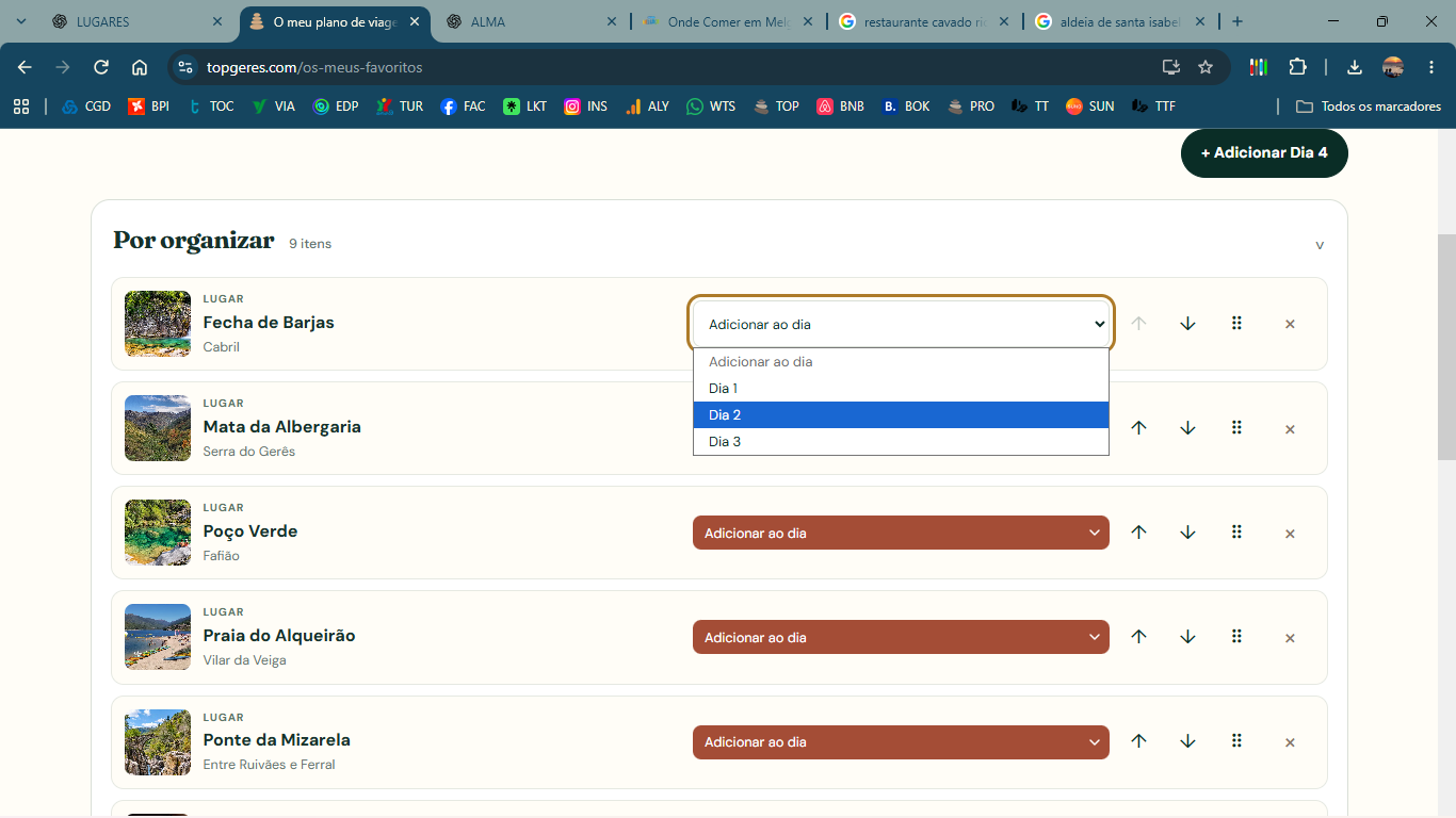 Open Add to a day selector showing Day 1, Day 2 and Day 3