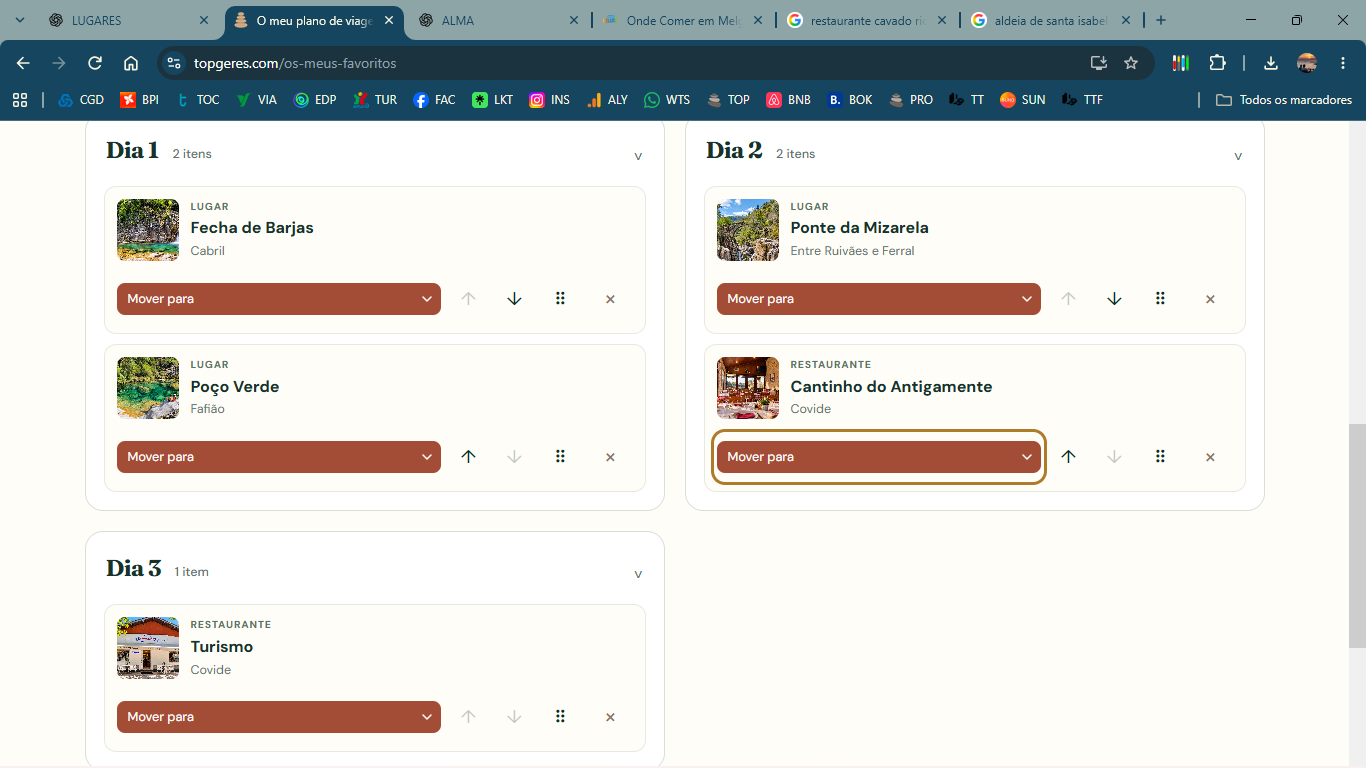 Days 1, 2 and 3 of the TOPGERES Trip Plan, with Fecha de Barjas, Poço Verde, Ponte da Mizarela, Cantinho do Antigamente and Turismo
