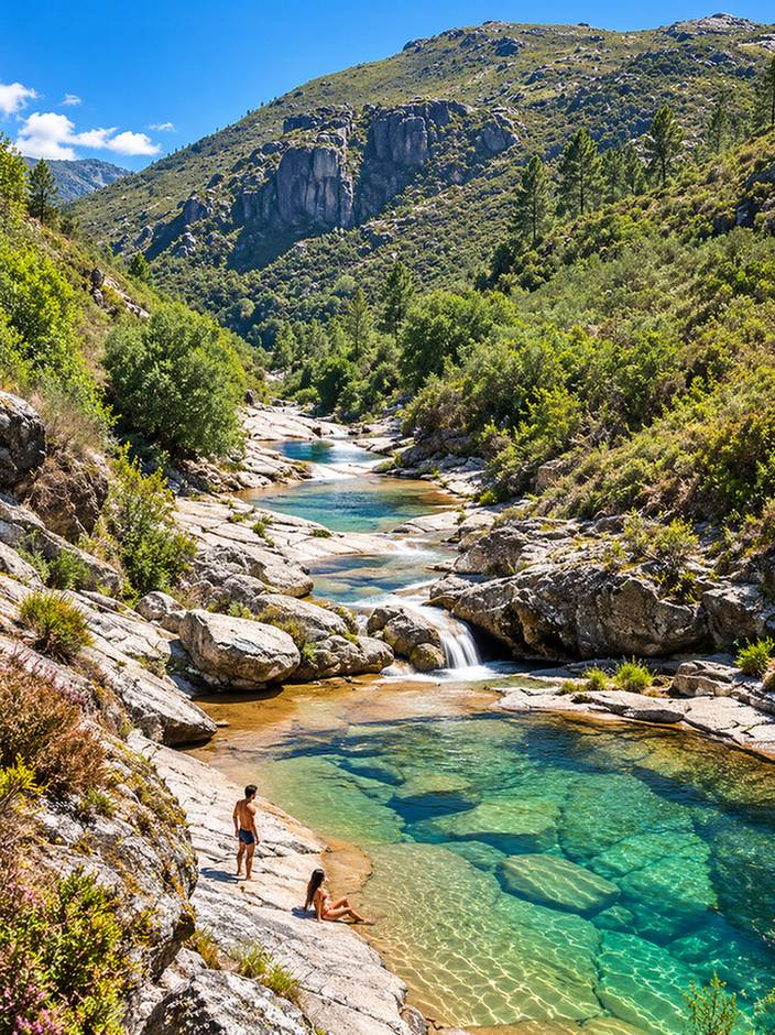 Sucessão de lagoas de águas cristalinas entre rochas e encostas verdes nas Sete Lagoas do Gerês